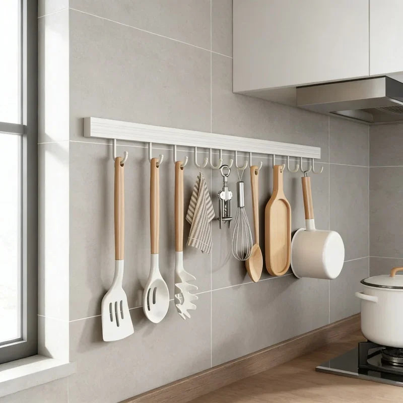 Kitchen Storage Rack Wall Mounted No Punch Shelves Movable Hook Spoon Holder Organizer For Kitchen Utensil Accessories Tool
