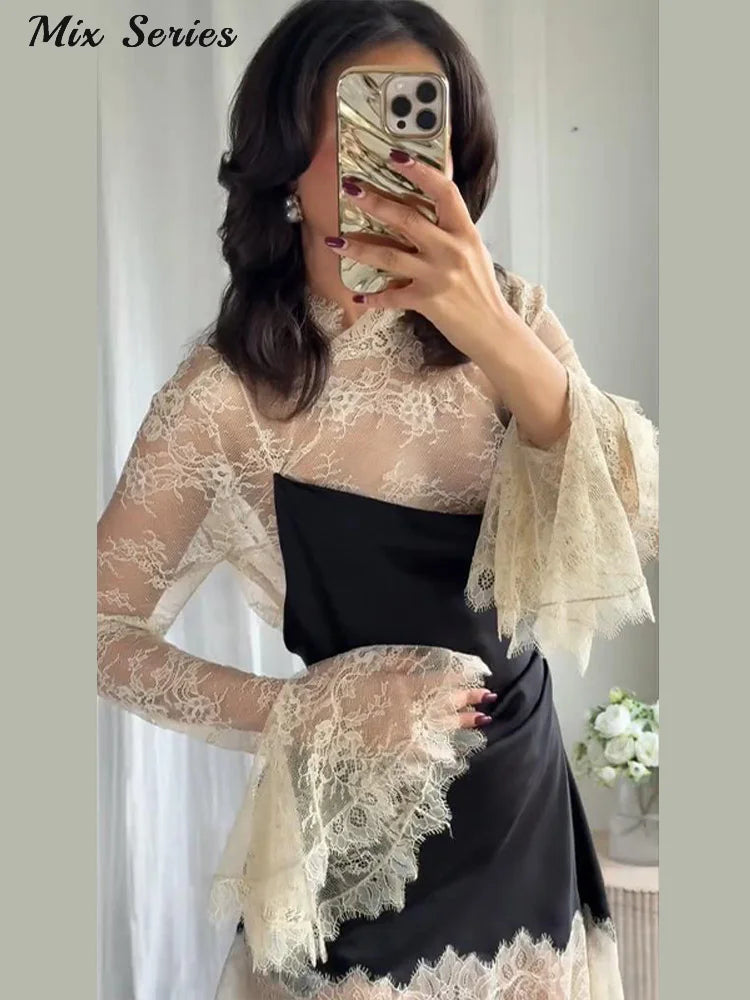 Sexy Color Block Bodycon Dress Women's Lace Insert Full Sleeve Y2K Mini Dresses 2025 Autumn Lady New Elegant Party Clubwear