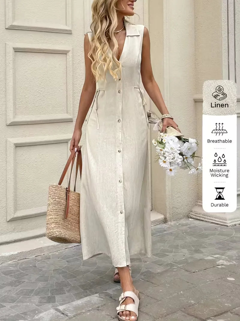 BohemianStyle Dress Sleeveless V-Neck ButtonFront Dresses Elegant Classic Solid Dresses Resort SeasideStyle Vacation Dresses