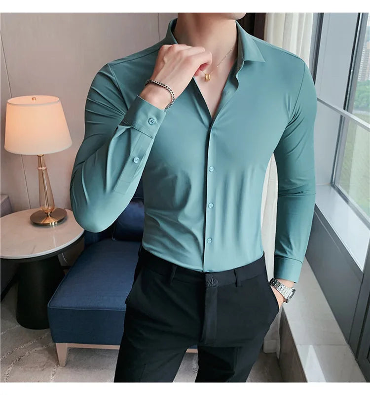 Men's Ultra Stretch Seamless Long Sleeve Shirt Top Quality Business Casual Breathable Stretchable Solid Color Formal Dress Shirt