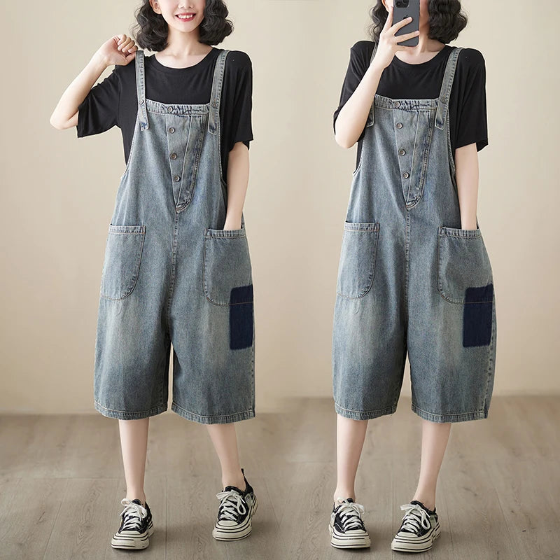 plus Size Denim Overalls Women's Summer New Sle High Waist ort Jeans Straight Leg Color Blo Five-Quarter Pants