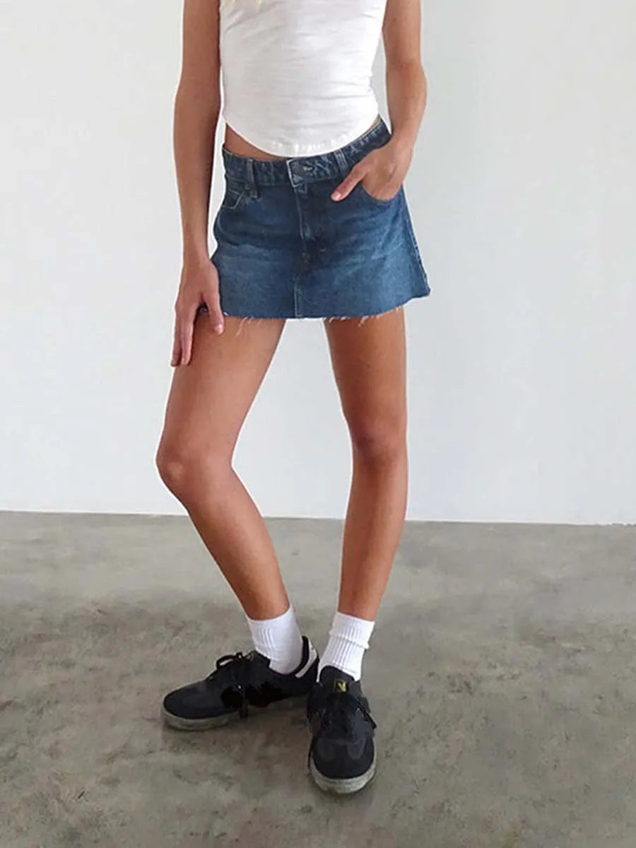 New Womens Denim Mini Skirts Low Waist Raw Hem Casual Fashion Jean Skirts For Summer Club Street Style S-2XL