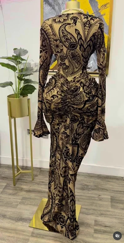 CM.YAYA 2025 Fall Women Long Sleeve Stacked Mesh See Though with Lining Bodycon Long Dress Evening Birthday Sexy Party Dresses