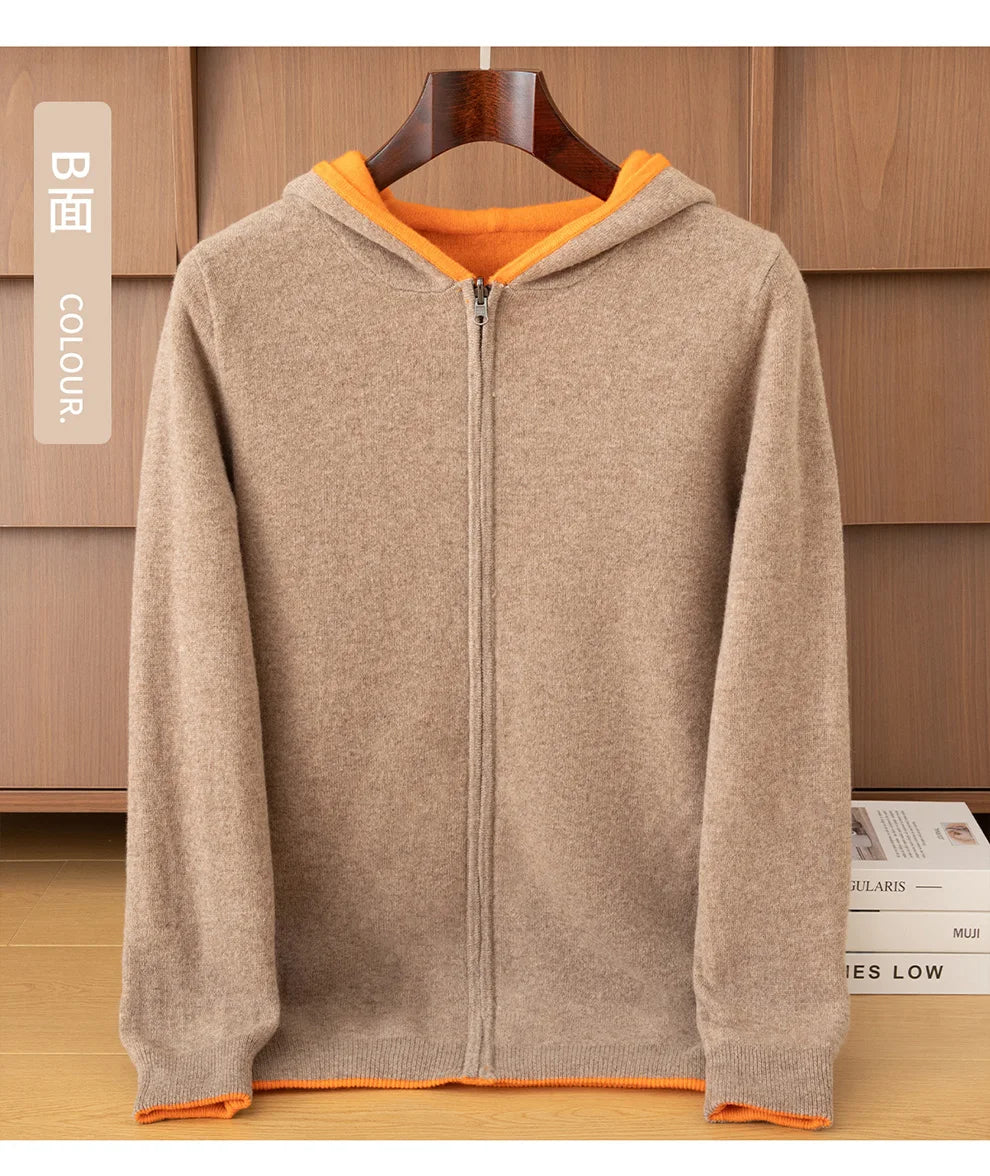 Double-Sided Cashmere Hooded Cardigan For Men Autumn And Winter Wearing Sweater Thickened Pure Wool Knitted Loose Zipper Coat