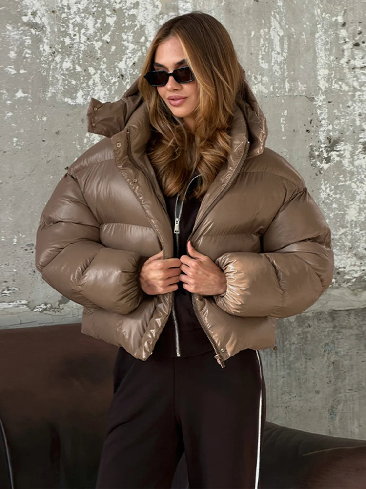 Chic Glossy Zipper Hooded Coat Women's Warm Elastic Waist Pleated Cropped Puffer Jacket 2026 Winter New Lady High Street Outwear