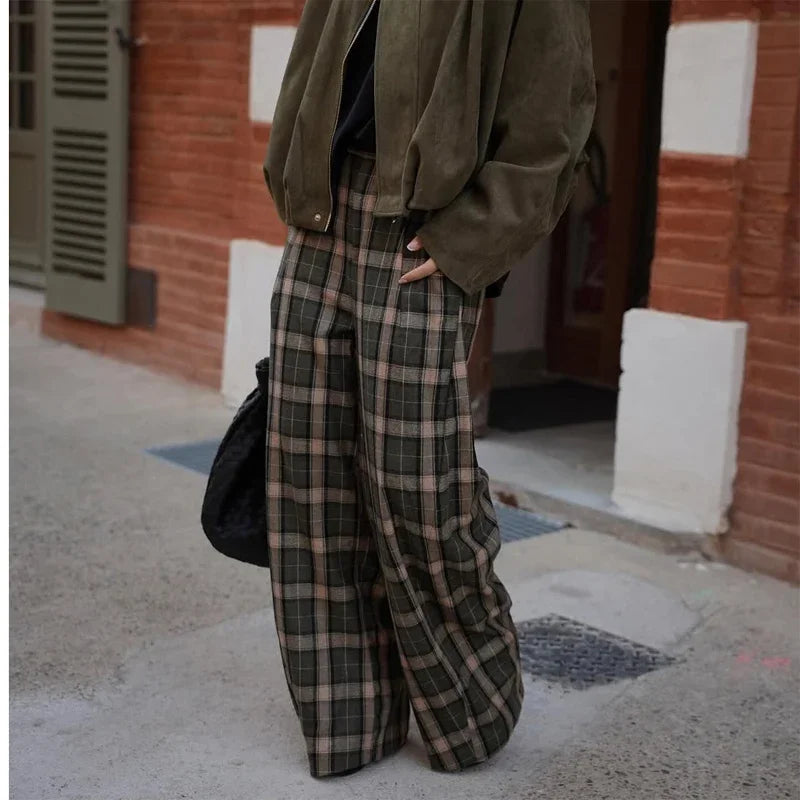 Chic Green Plaid Print Loose Pants Women Casual High Waist Straight Wide Leg Trousers Party Daily Classic Attire 2026 Spring