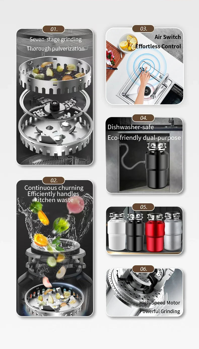 High-Power Garbage Disposer 220V Household Food Processor Kitchen Waste Grinder Efficient Bone Crushing