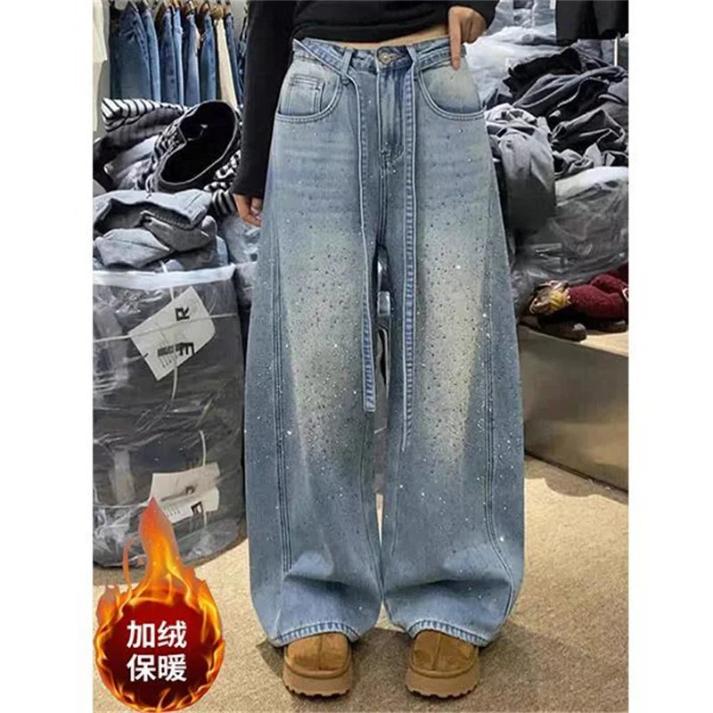 Korean Loose Women Denim Pants 2026 New Autumn Winter Retro Hot Diamond Long Cowboy Trousers Ladies Casual Streetwear Jeans