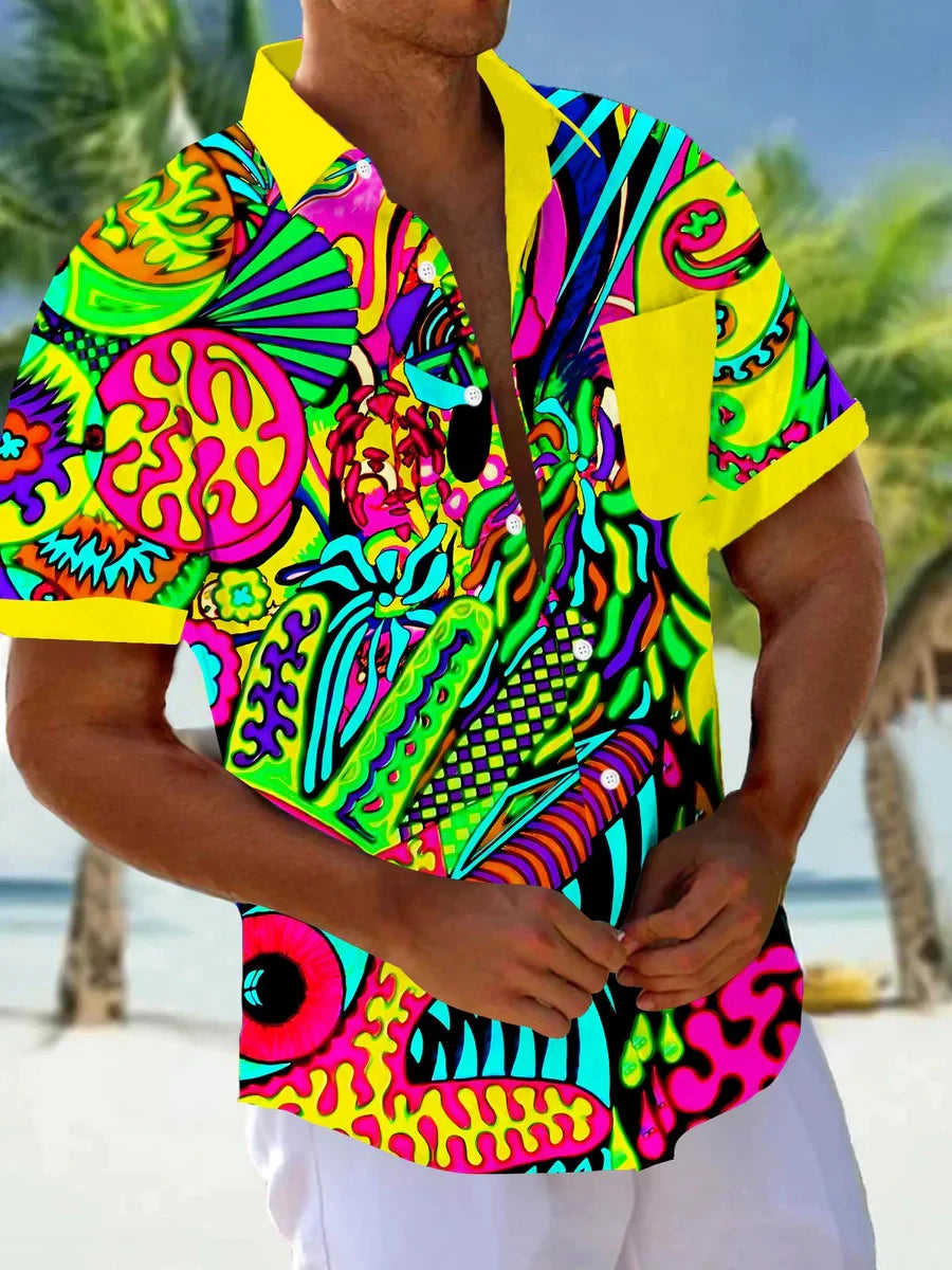 Men's Short Sleeve Shirt Art Painting Abstract Cartoon Print Summer Button Shirt Camping Shirt Short Sleeve Men's Casual Shirt