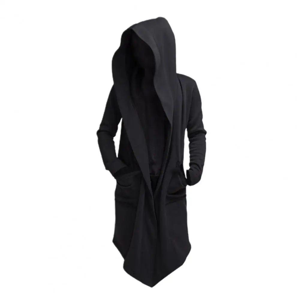 Oversize Men Coat Long Turn-down Collar Big Hat Cardigan Trench Coat Hooded Oblique Hem Big Pockets Men Windbreaker Outwear