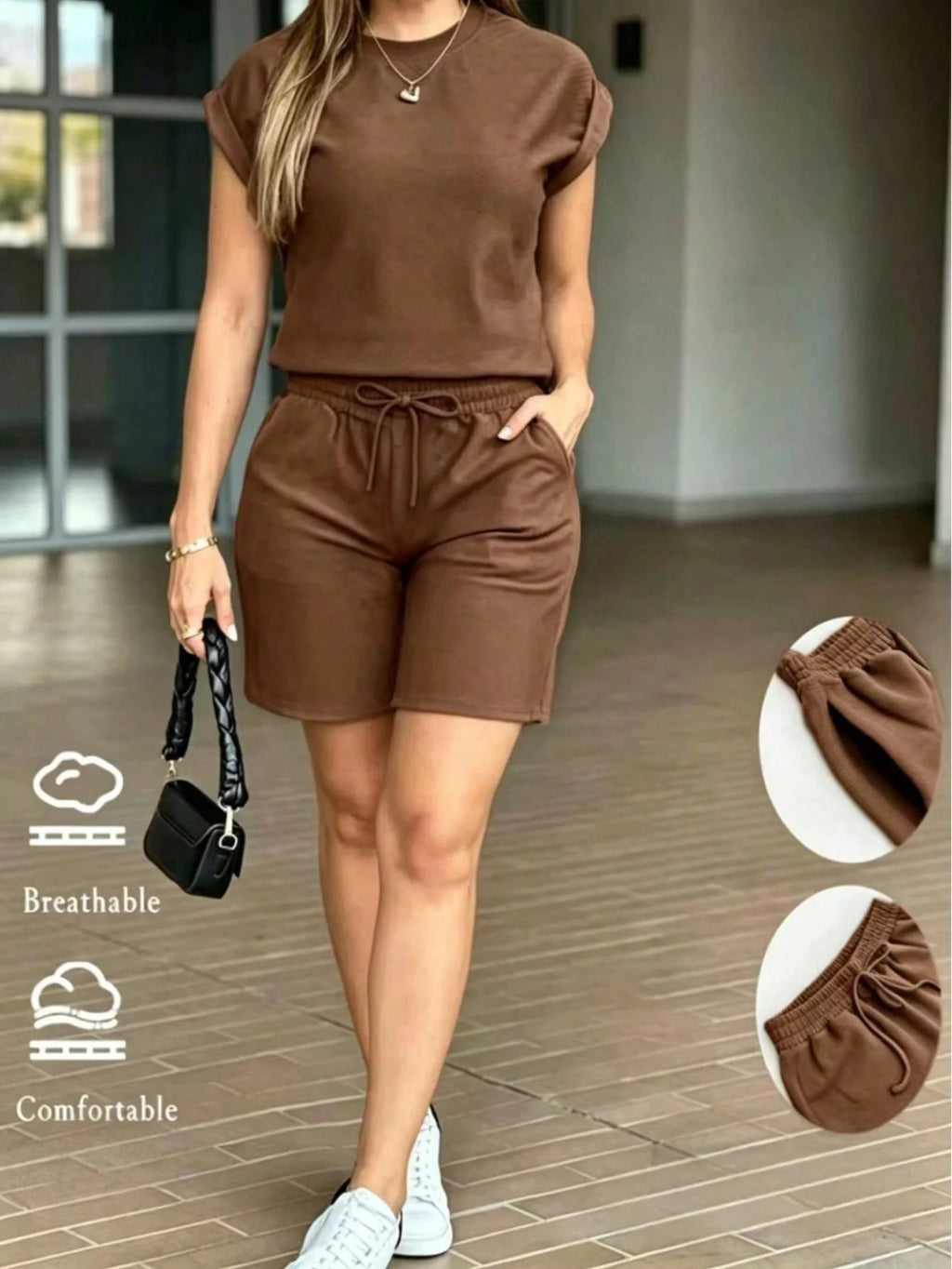 Women's Two-Piece Set, Solid Color Casual Pocket Drawstring Shorts Set, Two-Piece Home Wear for Spring and Summer
