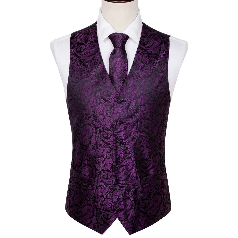 Designer Vest for Men Purple Embroidered Silk Waistcoat Tie Pocket Square Set Wedding Formal Male Suit Party Barry Wang