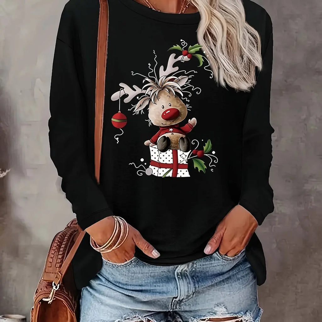 Women's Spring and Autumn 100% Cotton Fashion Casual Loose Christmas Deer Pattern Printed Round Neck Long Sleeve T-shirt Top
