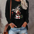 Women's Spring and Autumn 100% Cotton Fashion Casual Loose Christmas Deer Pattern Printed Round Neck Long Sleeve T-shirt Top