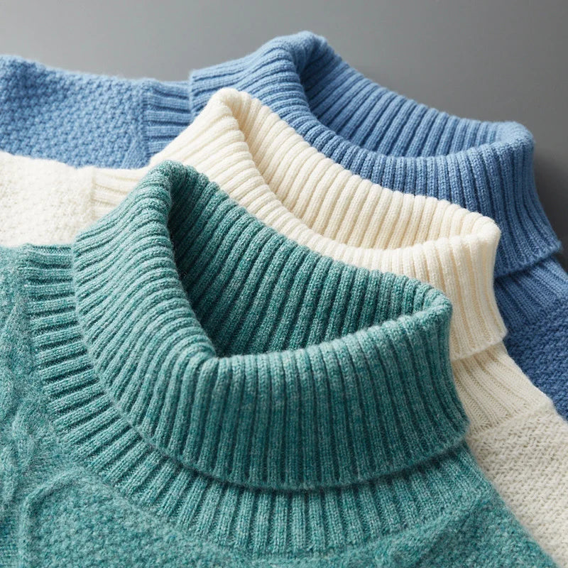 2025 Winter Turtleneck 100% Merino Wool Knitted Sweater Men's Lapel Jacquard Thicken Pullovers Fashion Loose High-End Base Shirt