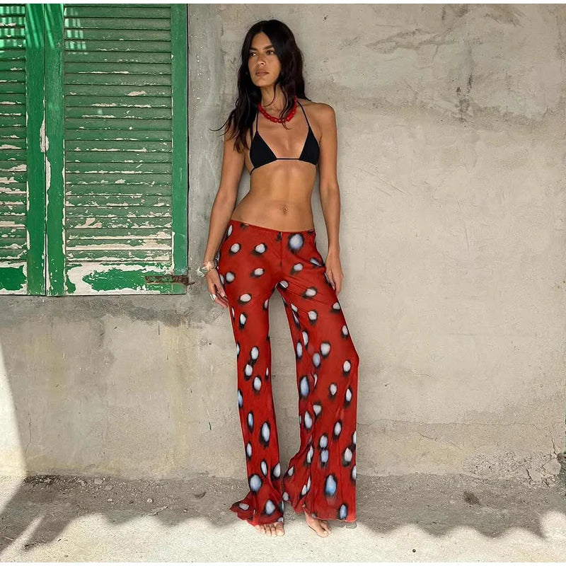 Beach Vacation Printed Shirt Pant Set Women Red See Through Lapel Full Sleeve Button Shirts Pants Suit 2026 Summer Casual Outfit