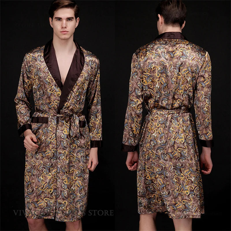 Pajama Men's Robe Kimono Gown Bathrobe with Pockets Print Sleepwear Home Clothing Spring Autumn Satin Nightwear Loose Loungewear