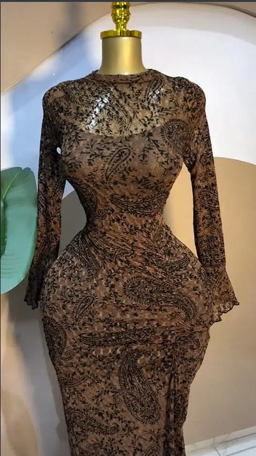 CM.YAYA 2025 Women Long Sleeve Ruched Mesh See Though with Lining Bodycon Long Dress Fall Evening Birthday Sexy Party Dresses