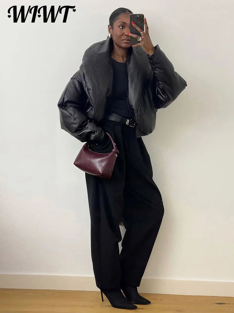 Solid Leather Turn Down Collar Cotton Coat 2026 Winter Ladies Warm Pockets Cropped Padded Jackets Women's High Street Outwear