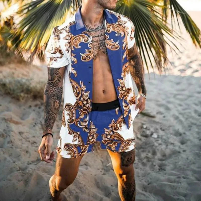 2024 Summer Men's Fashion Leopard Print Short Sleeve Shirt And Shorts Set Beach Style T Shirt Breathable Shorts Two Piece Set