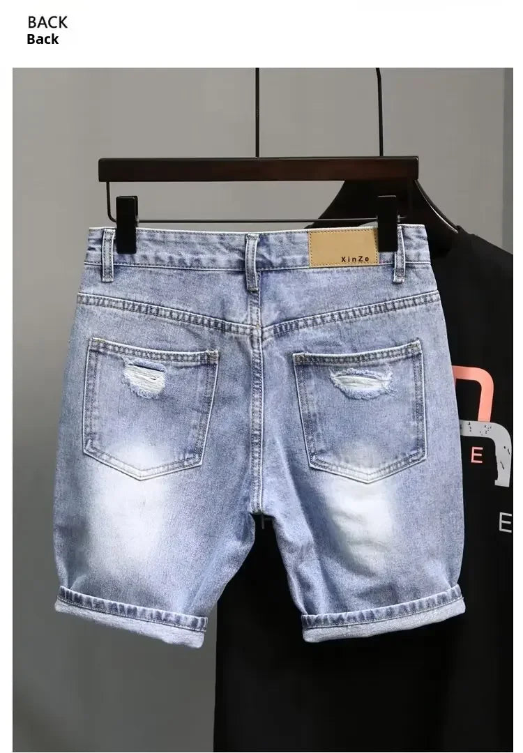 Trendy Blue Denim Shorts For Men Casual Style Slim Fit Korean Version Ripped Pockets Summer Lightweight Trousers