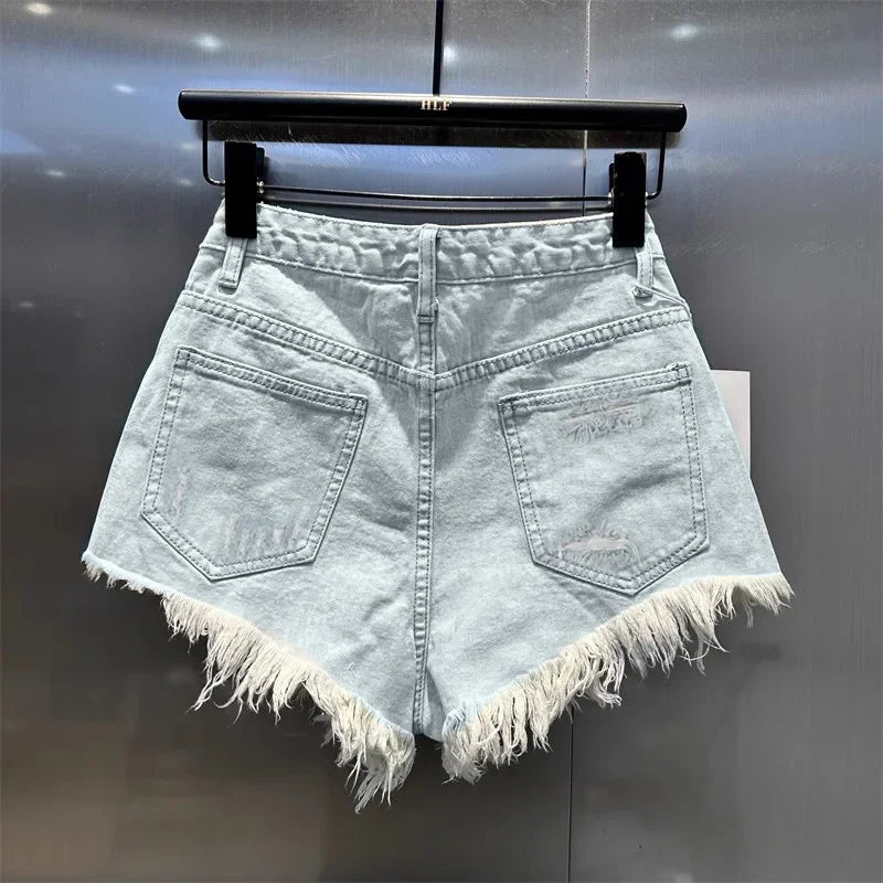 Retro Irregular Old Ripped Denim Shorts Women's Summer Low Waist Design Jeans Hot Pants Sky Blue