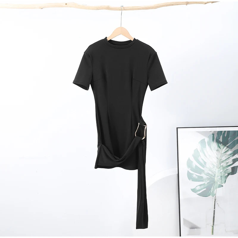 Elegant Mini Dress Woman Ribbons Slim O-neck Short Sleeve Above Knee Dresses Female Spring Summer Party Robe Lady High Street