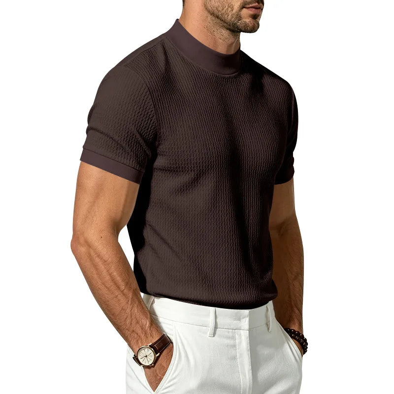 Men Summer Solid Jacquard Textured Mock Neck Short Sleeve T Shirt Slim Fit Simple Versatile Casual Daily Male Basic Tees