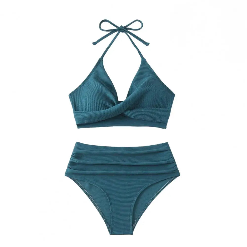 Bikini Set with Pleated Design 2pcs Summer Bikini Set with Padded Halter Bra Pleated High Waist Swimming Trunks Solid for Women