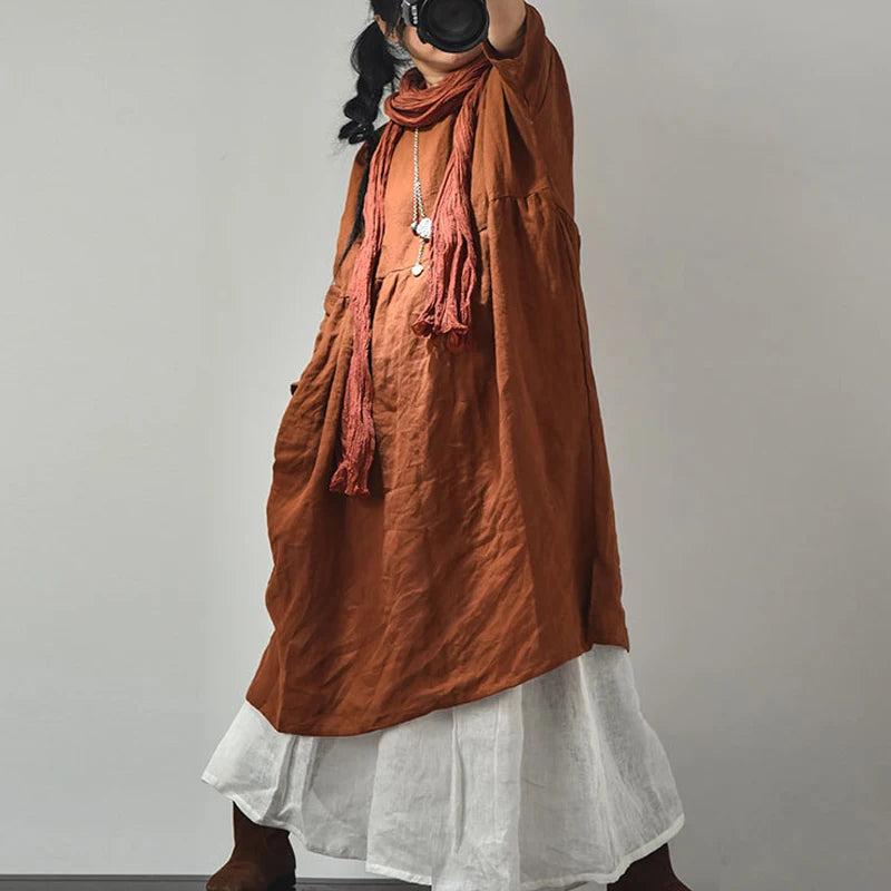 Johnature Women Vintage High Waist Dresses Linen Solid Color O-Neck Seven Sleeve Embroidery 2025 Spring New Casual Soft Dresses