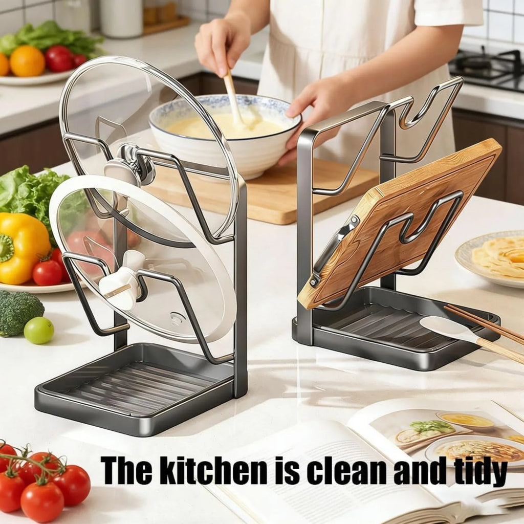 Kitchen Pot Lid Storage Rack, Pot Lid Holder While Cooking & Spoon Rest, Multifunctional Pot Lid Organizer with Removable Drip
