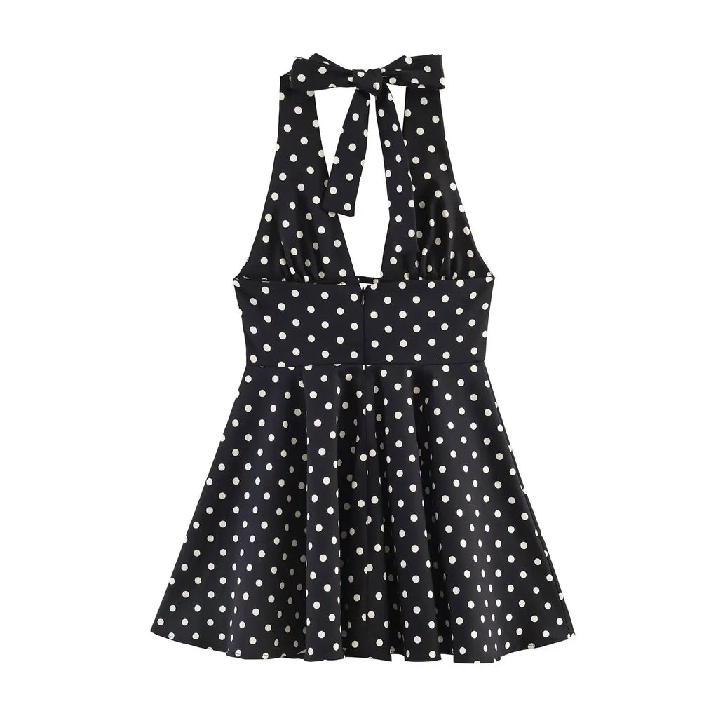BSAY New Retro Polka Dot Halter Neck Mini Dresses Sexy Backless Tie Neck A-Line Short Dress Summer Beach Party Outfit