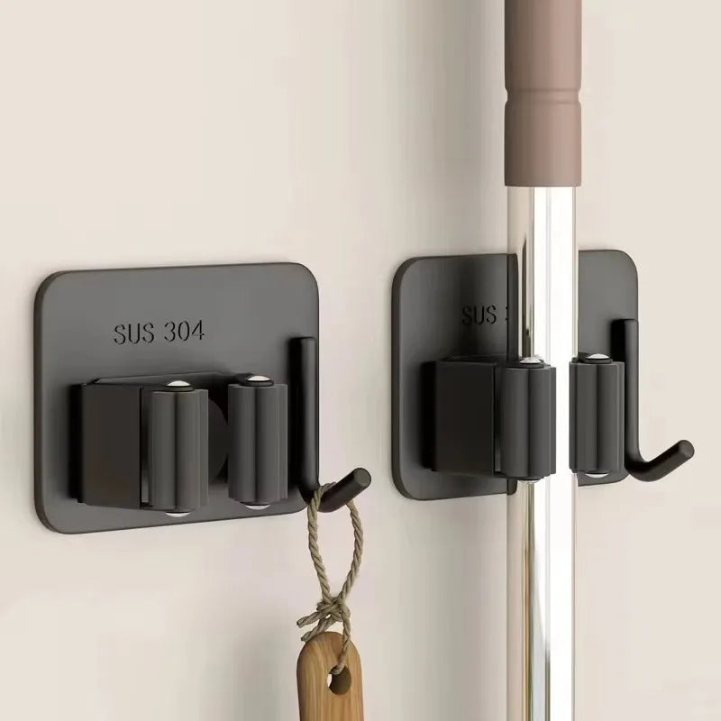 304 Stainless Steel Mop Clip Holder Bathroom Punch-free Mop Broom Brush Hanging Rack Strong Sticky Hook Wall Organizer Shelf