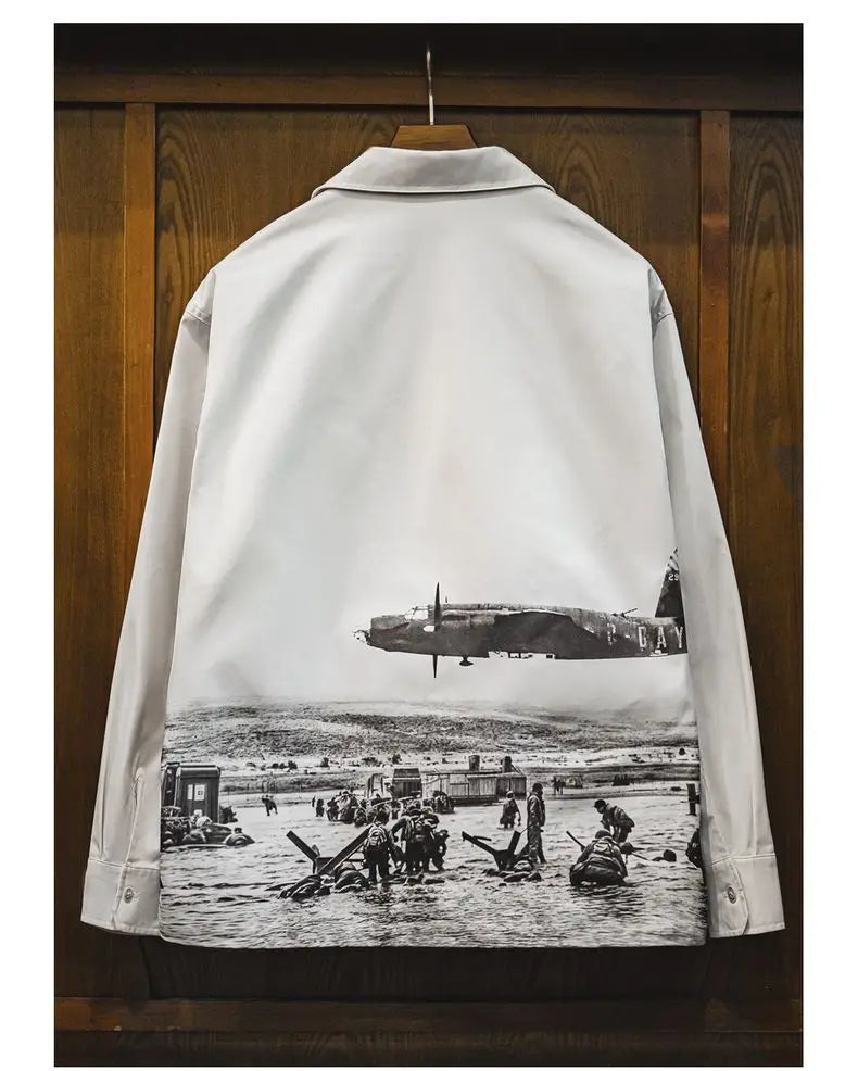 Maden Men's Vintage Printed Long Sleeve Shirt White Cuban Collar Single Breasted Blouse Loose Fit Shirt for Spring and Fall Tops