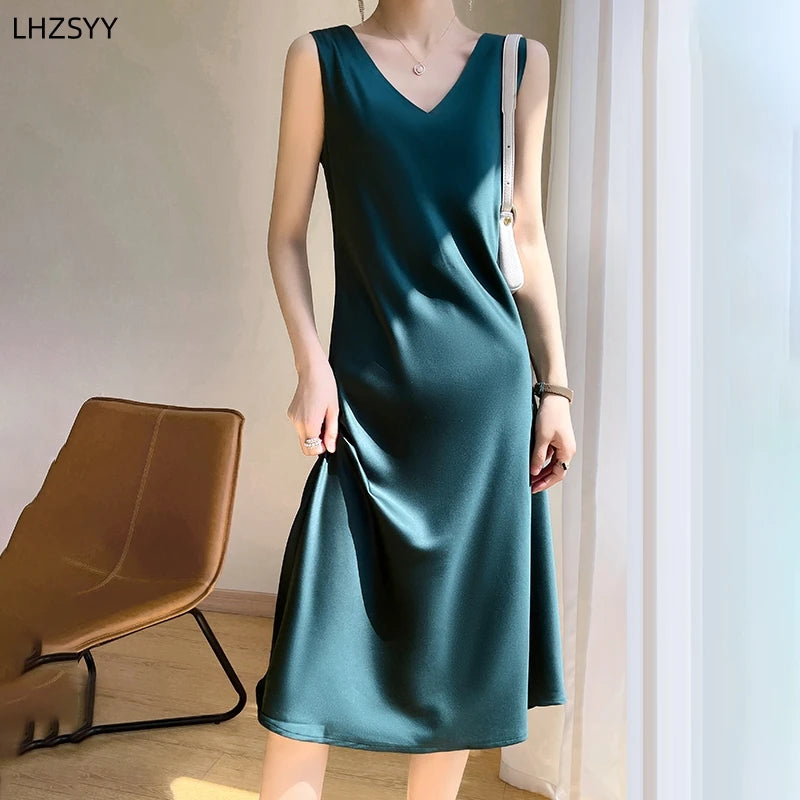 LHZSYY Silk Satin Front/Back V-neck Sling Dress Women's Sleeveless Waistcoat Top Spring Summer New Mulberry Silk Hip Long Skirts