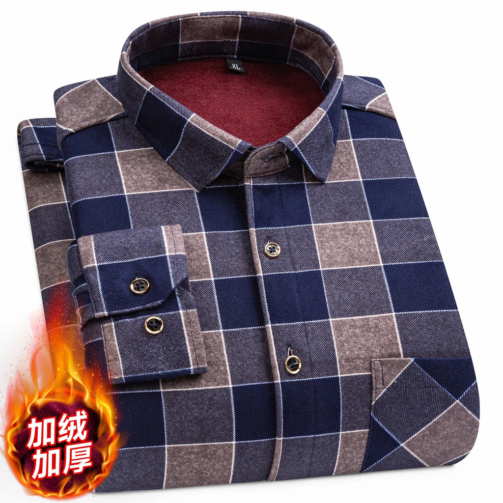 Men's Long Sleeved Shirt With Fleece Lined Winter Thickened Flannel Casual Plaid Stripe Daily Slim Man Clothes Plus Size 8XL 7XL