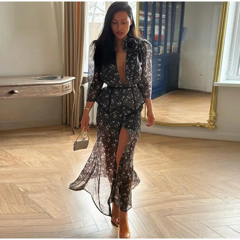 Elegant Printed Women's Dress V-neck Front Split Waist-closed Sashes Wrist Sleeve Gauze Dresses 2026 Summer Chic Female Robe