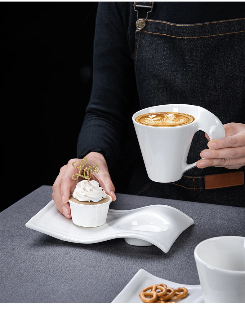 European Ceramic CoffeeCups Set with Wave Shape Plate 80 100 180 and 280ml Modern Minimalist White Cappuccino Latte Dessert Dish