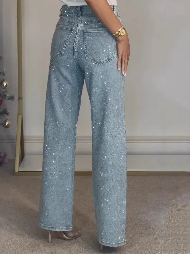 Sexy High Waist Straight Leg Women's Jeans Diamond Washed Cotton Blend Long Pants Trendy Fashionable Ladies Premium Denim
