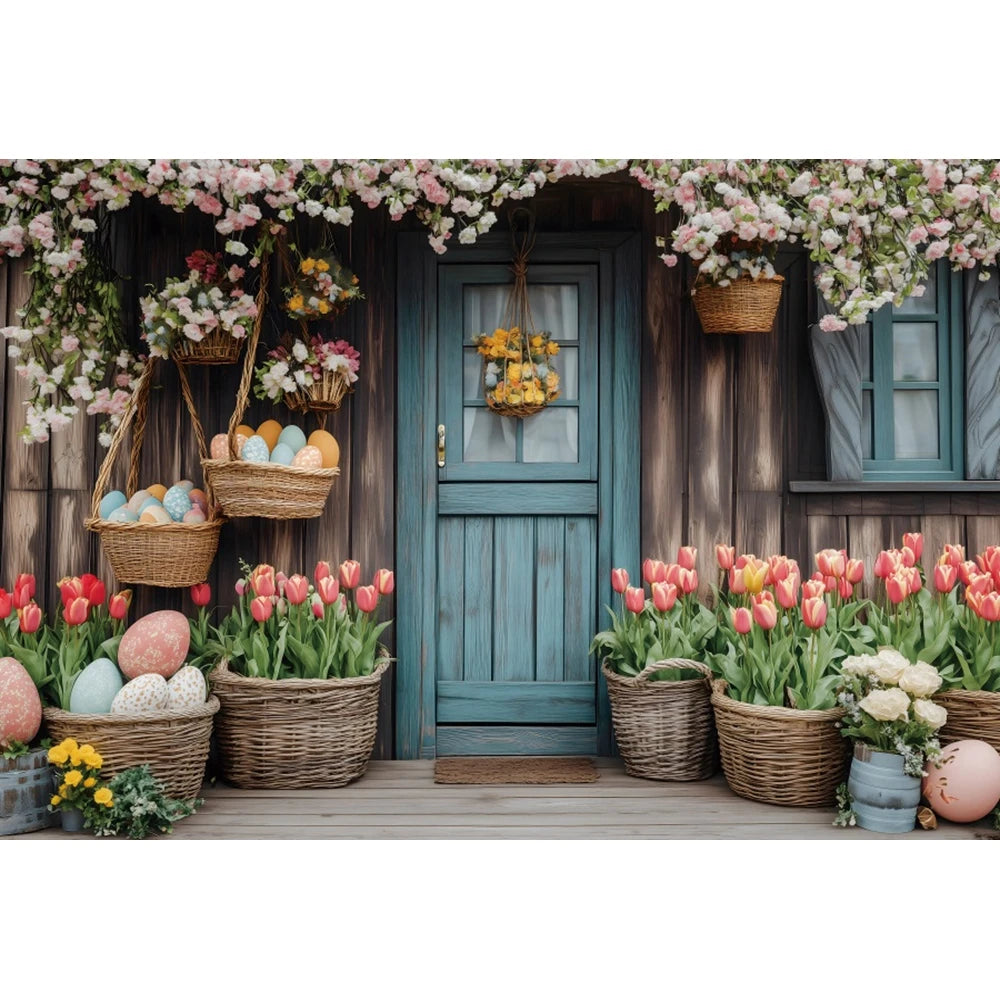 Happy Easter Day Photography Background Blue Wood Board Easter Egg Spring Flower Rabbit Kid Birthday Portrait Photocall Backdrop