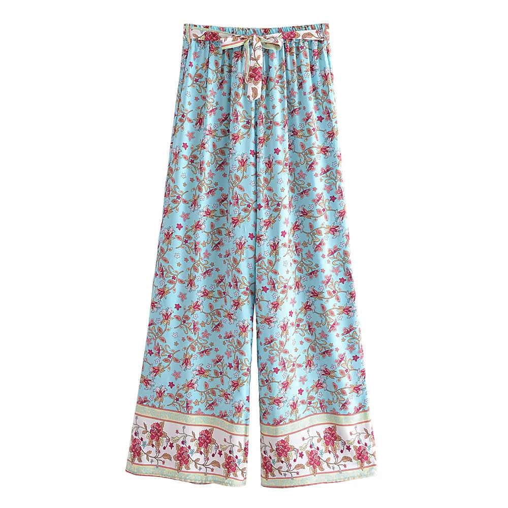 Vintage Chic  Women Floral Print Outfits Strap Sleeveless Tops Bohemian Suits Drawstring Pants 2 Pieces Rayon Cotton Boho Sets