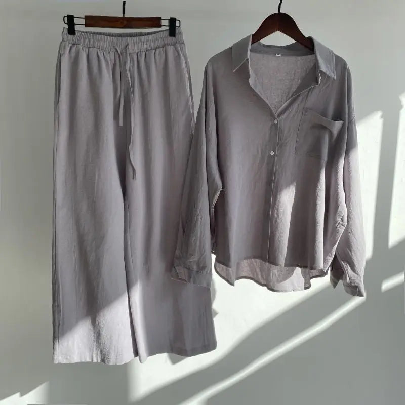 Women's 2-piece set 2026 Spring Autumn New Long sleeved Cotton linen Shirt top+High waisted loose Pants Comfortable Casual Sets