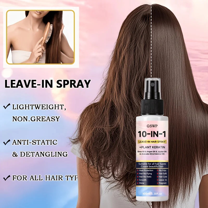 GSWP 10-In-1 Leave-In Hair Care Spray，Contains Biotin and Keratin，Heat Protection，Dry & Damaged Hair.100ml/200ml