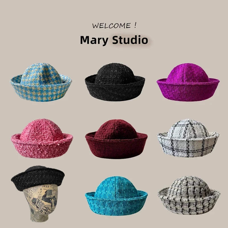 Fall Elegant Tweed Berets for Women Sailor Hat Japanese Versatile Naval Winter Fashion Party Warm Cute Jk Y2K Bucket Hat