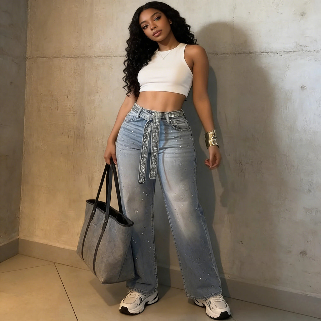 Women Jeans Denim Pant Vintage Wide Leg Long Pants High Waist Straight Trousers Y2k Streetwear Elegant Work Hot Drilling 2026