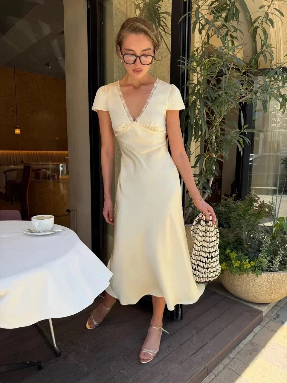 Women Elegant Satin Lace Trim Midi Dress Solid Lace Patchwork Short Sleeve V-neck Summer Dresses 2026 Summer New Holiday Robes