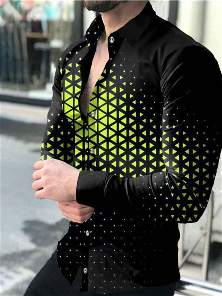 2023 New Men's Luxury Social Shirt Lapel Button Shirt Casual Printing Long-Sleeved Men's Club Prom Cardigan Street Top