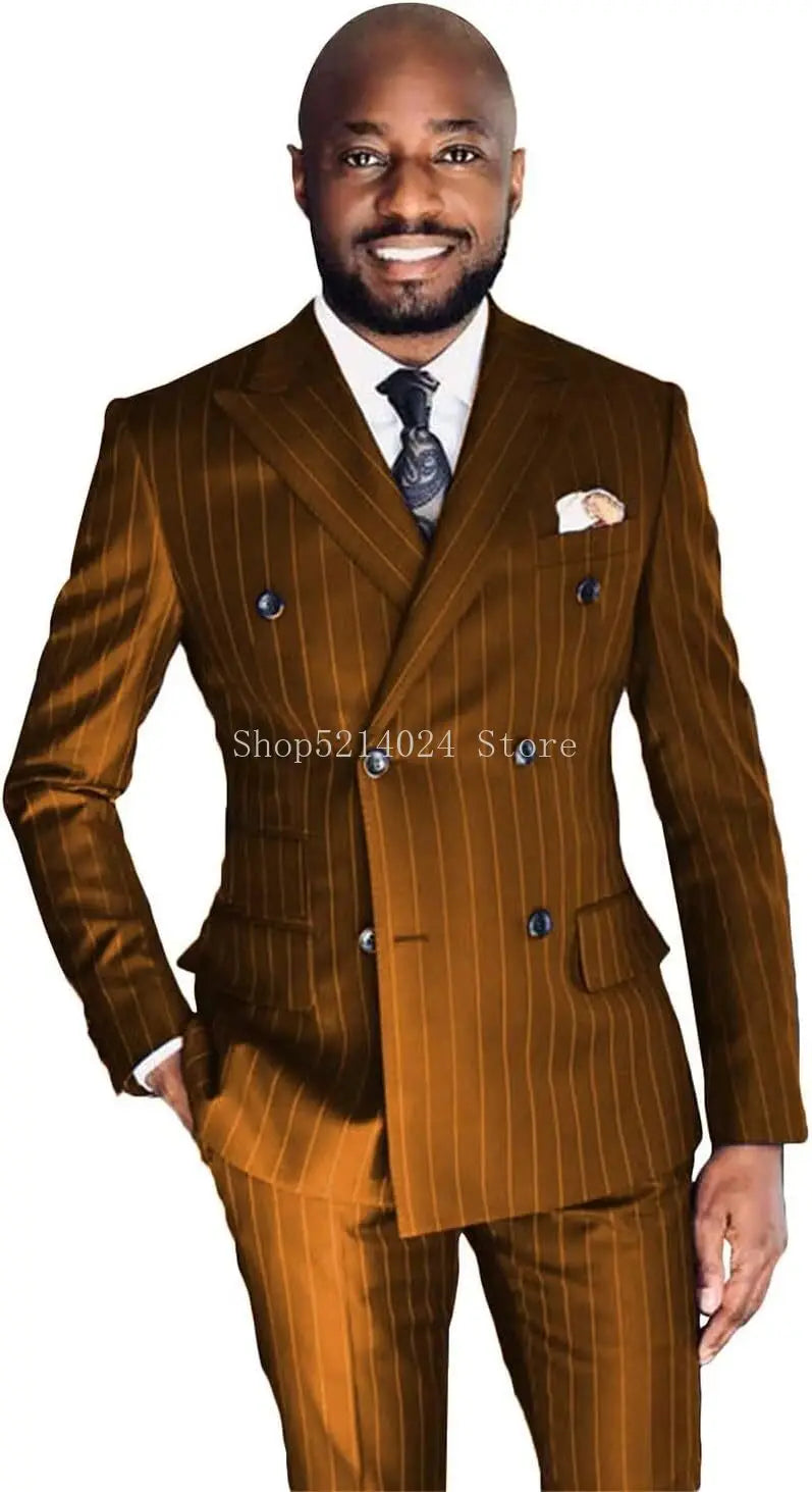 Men's Pinstripe Suit 2-Piece Set Double Breasted Business Casual Wedding Party Suit