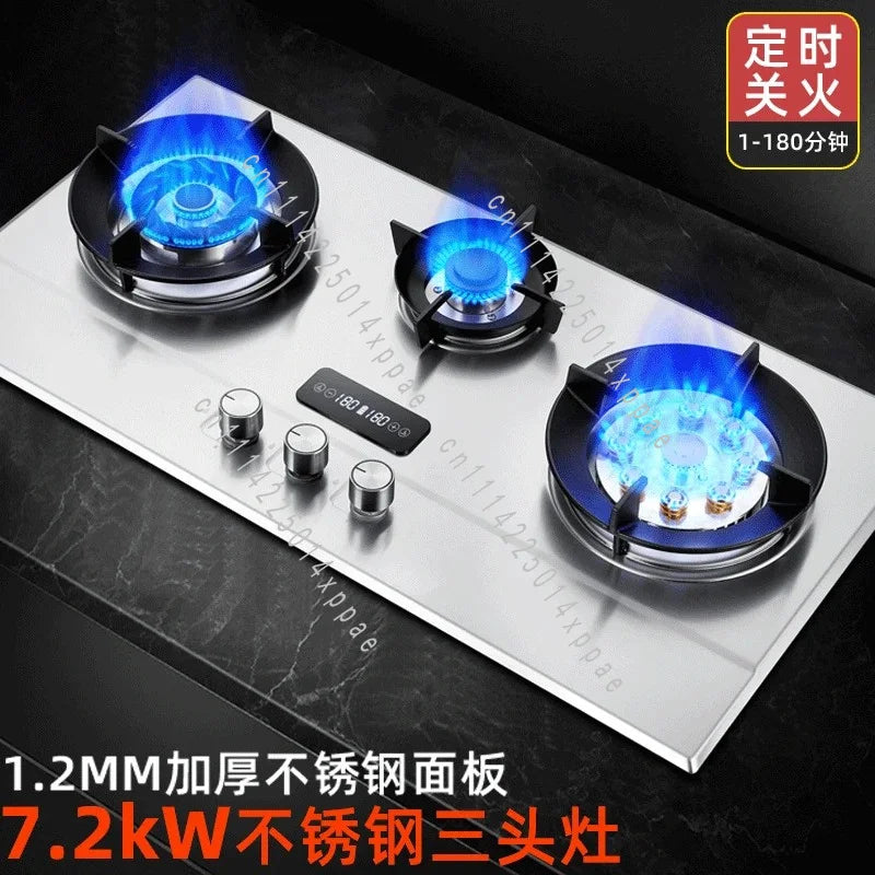 Double Burner,  High-fire Three-burner Gas Stove, Embedded Desktop Liquefied Gas Natural Timer Three-hole Stove