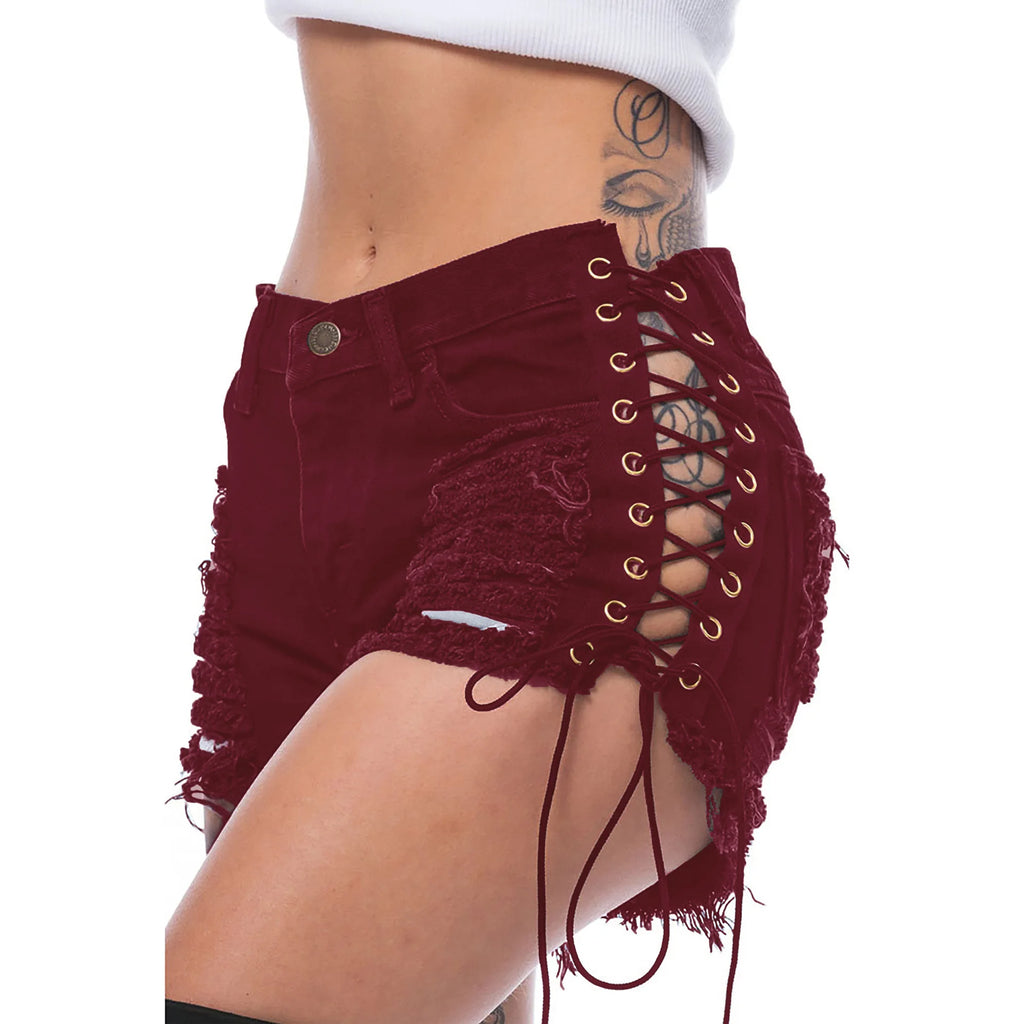 Sexy Ripped Tassel Jeans Streetwear High Waist Straight Denim Shorts 2025 Summer New Women Lace-Up Hole Hollow Out Jean Shorts